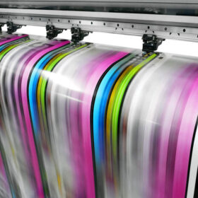 commercial printer with rolls of paper being put through it